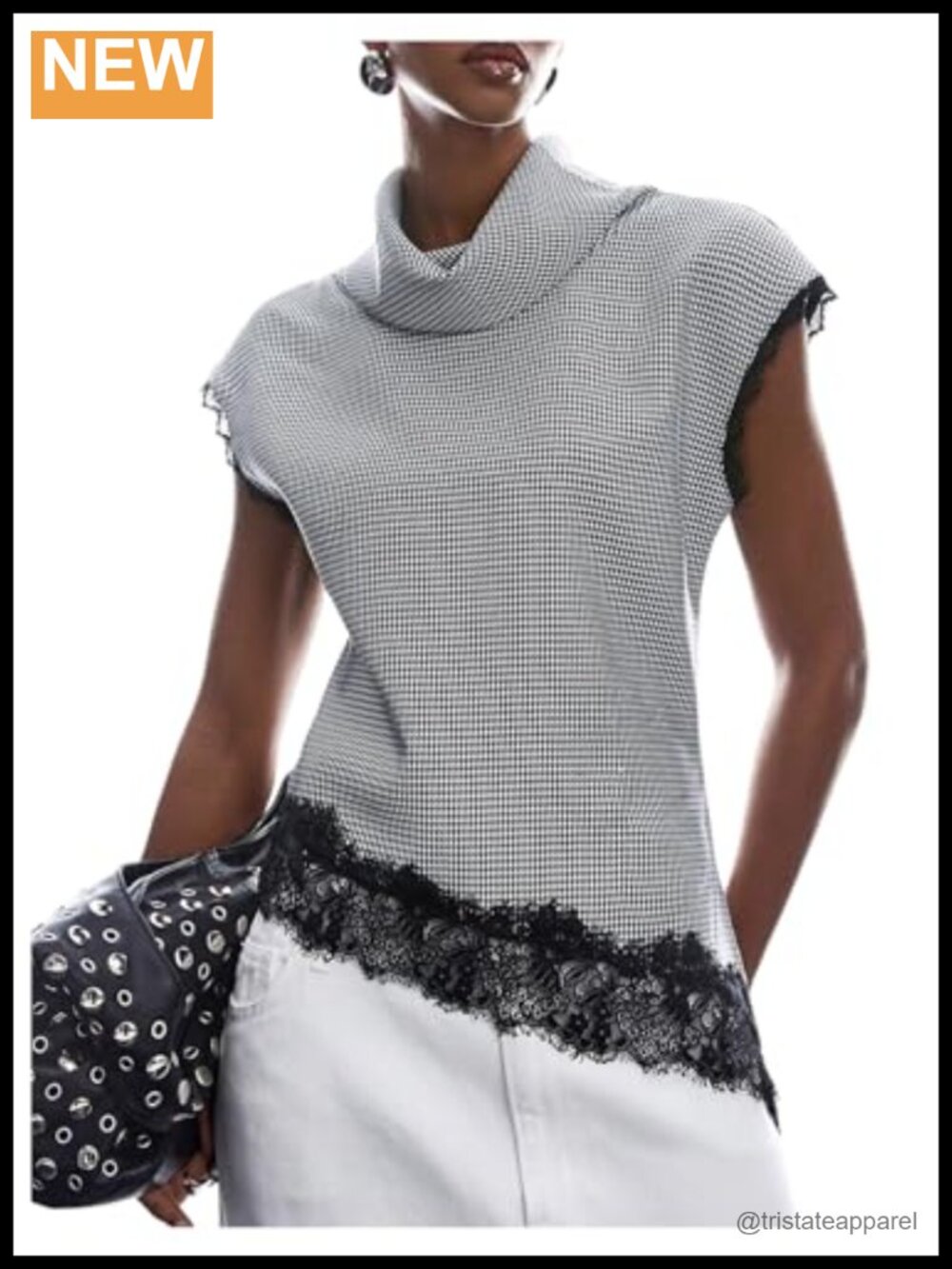 Lace Patchwork Turtleneck Blouse Houndstooth Asymmetrical Hem Short Sleeve
